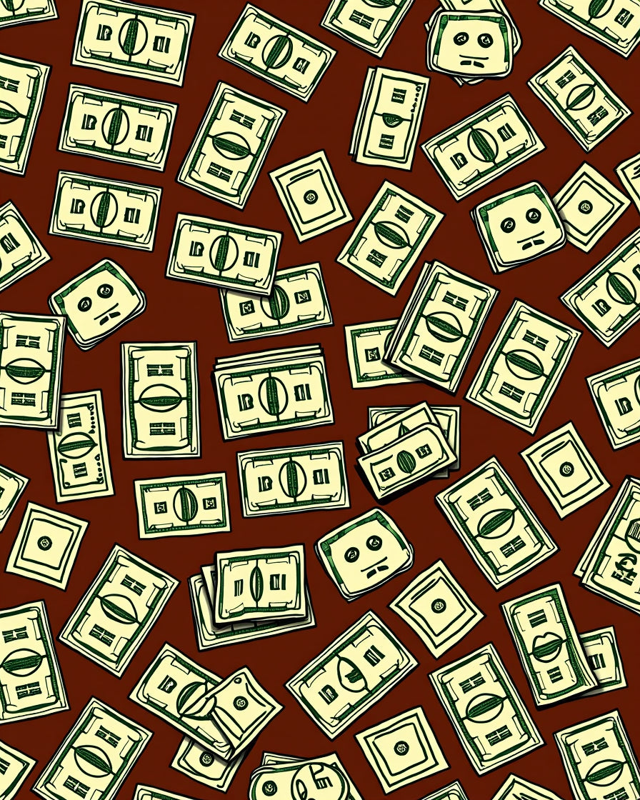 Cartoon Bills Scattered Across Brown Rug