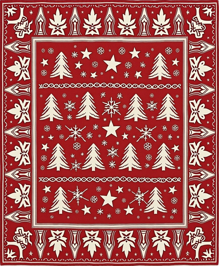 Crimson Festive Christmas Tree Snowflakes Rug