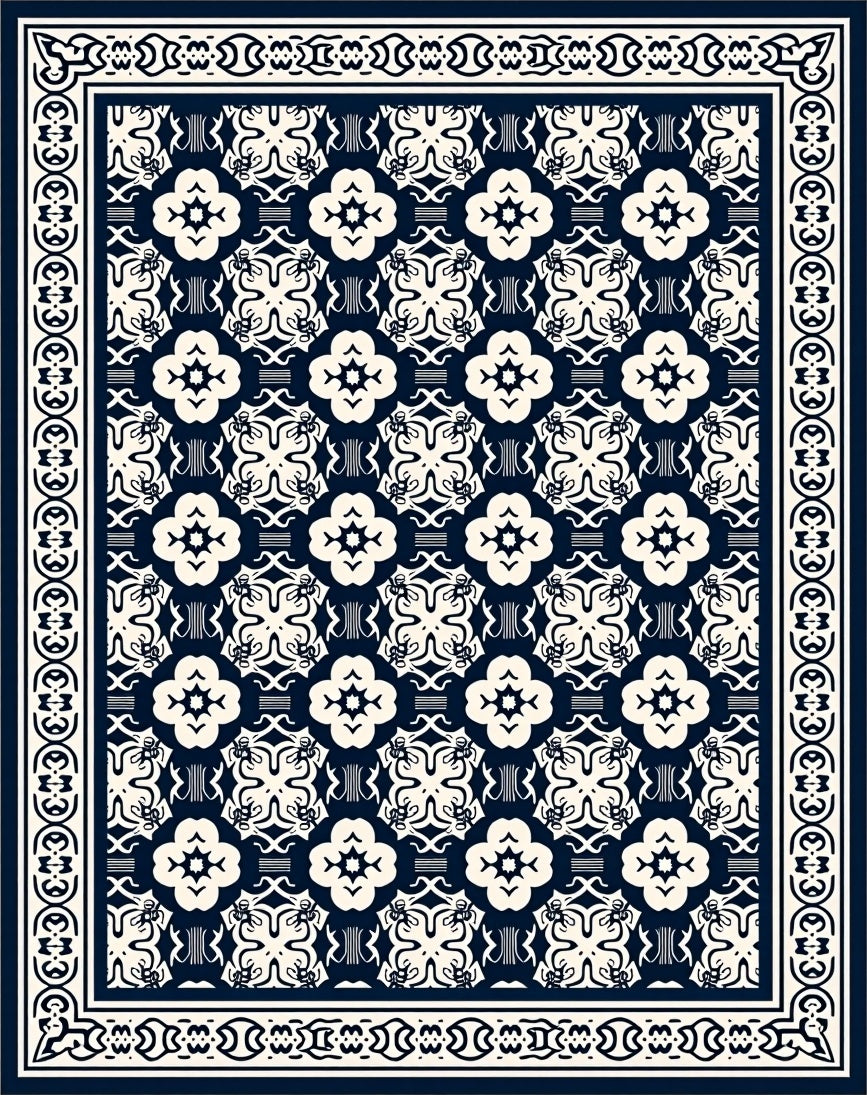 Dark Blue Cream Quatrefoil Border Rug