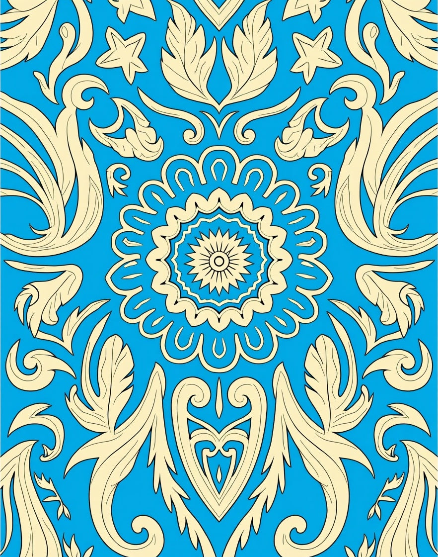 Bright Blue Golden Floral Medallion Rug