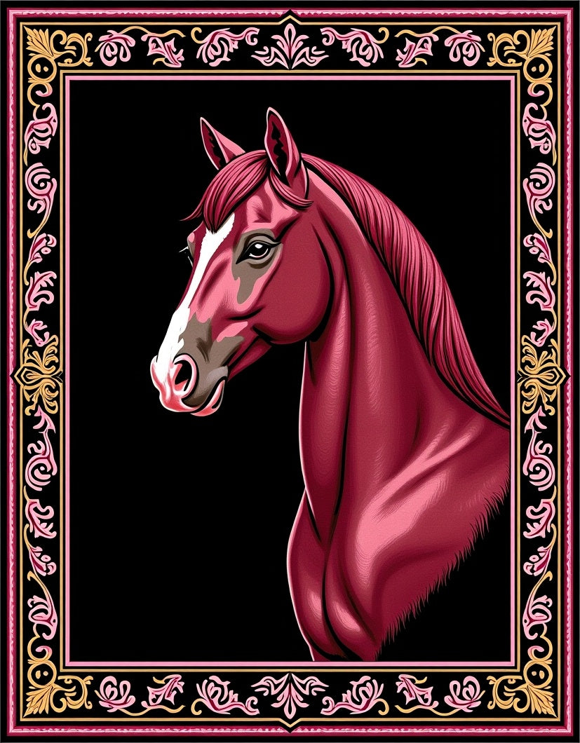 Crimson Horse Portrait Ornate Border Rug
