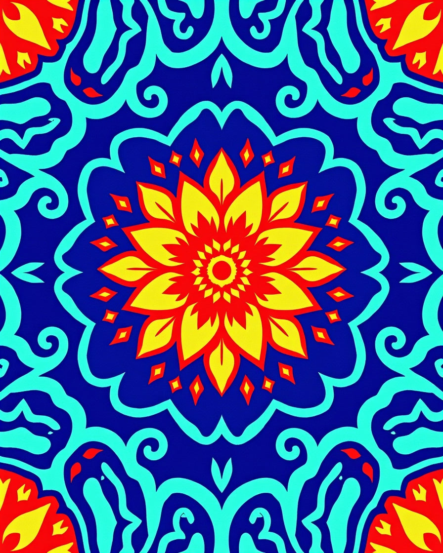 Vibrant Red Yellow Flower Medallion Rug
