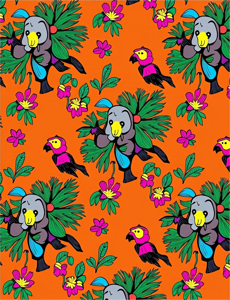 Whimsical Parrot Floral Orange Background Rug