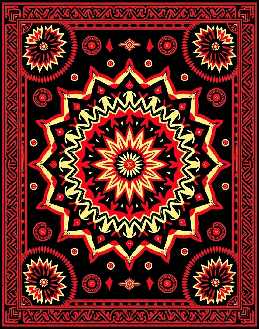 Crimson Yellow Sunburst Mandala Rug