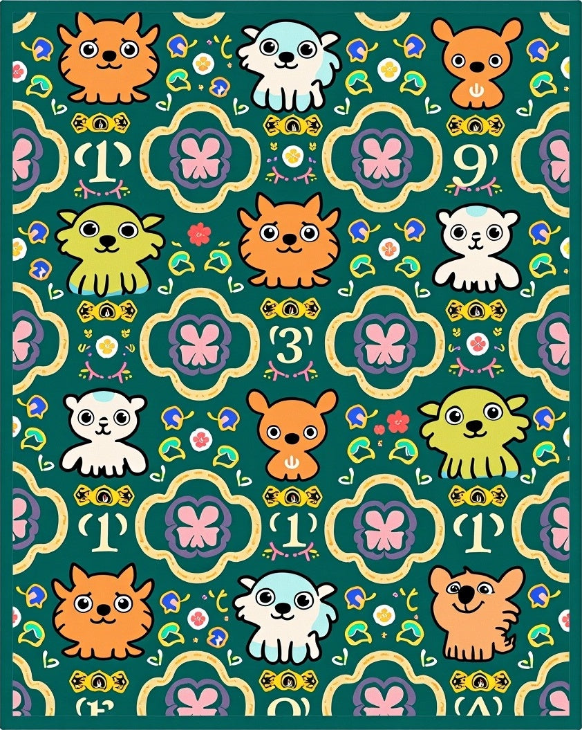 Whimsical Emerald Animal Quatrefoil Friends Rug