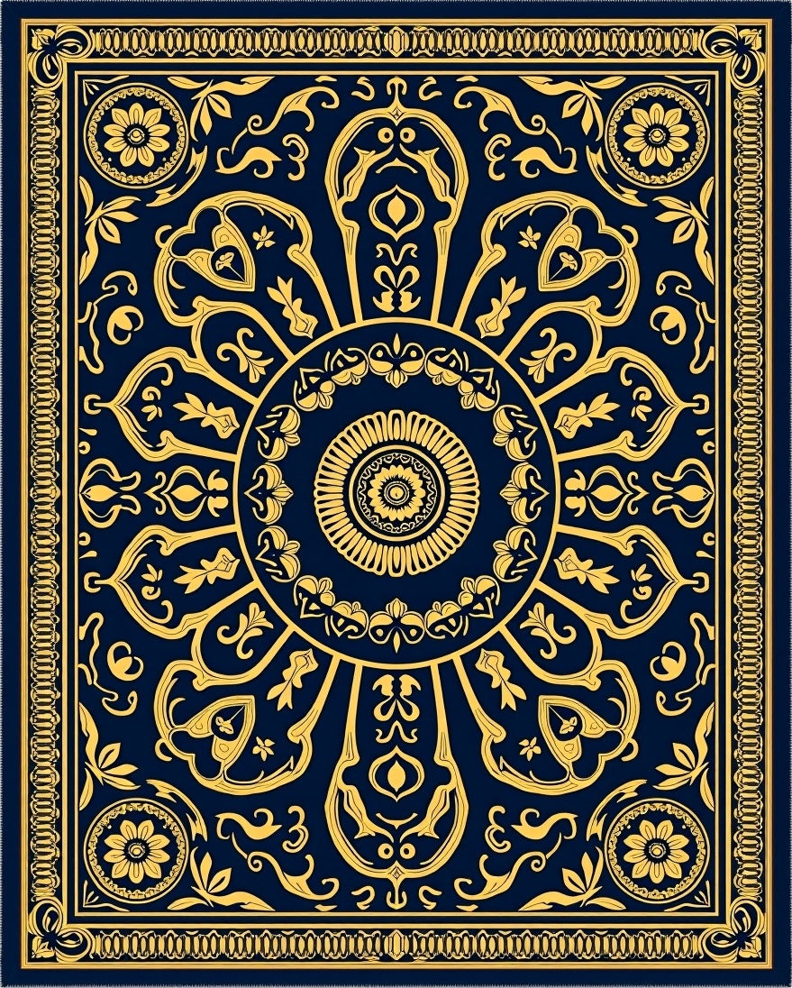 Deep Blue Golden Mandala Sunburst Rug