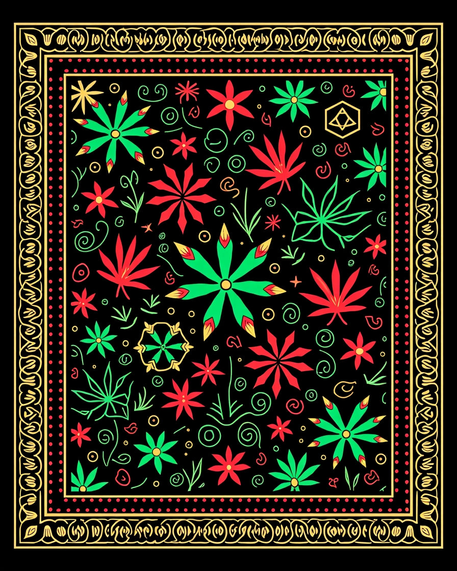 Vibrant Red Green Floral Border Rug