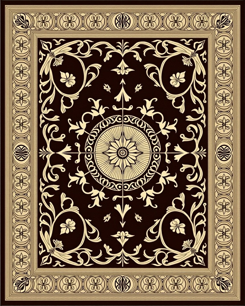 Rich Brown Cream Floral Medallion Border Rug