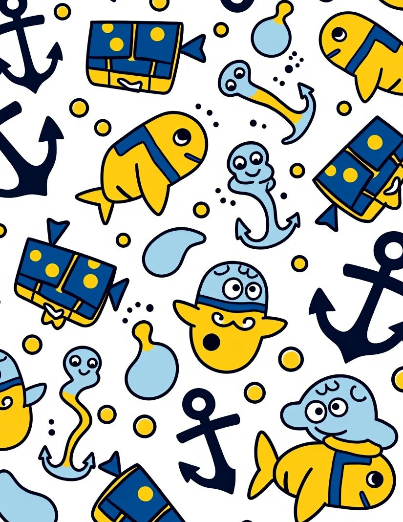 Nautical Yellow Blue Marine Creatures Rug