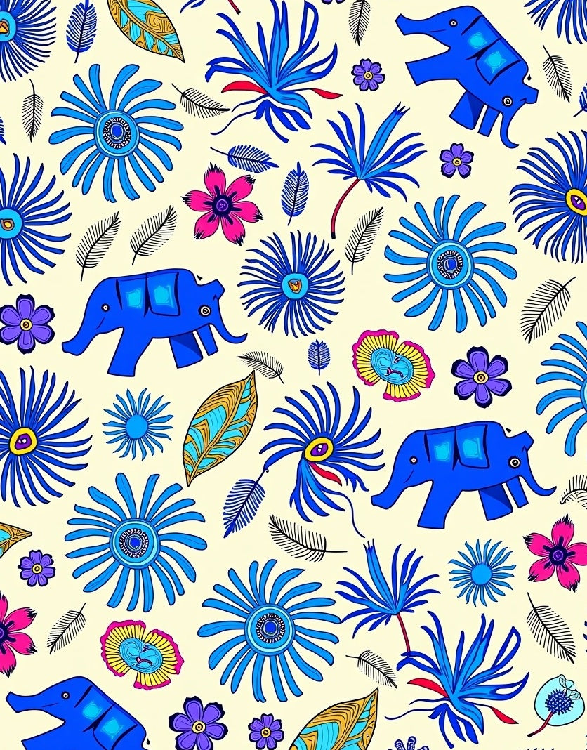 Vibrant Blue Elephant Floral Cream Rug