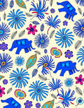 Vibrant Blue Elephant Floral Cream Rug