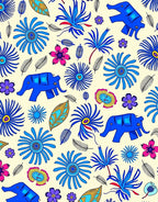 Vibrant Blue Elephant Floral Cream Rug