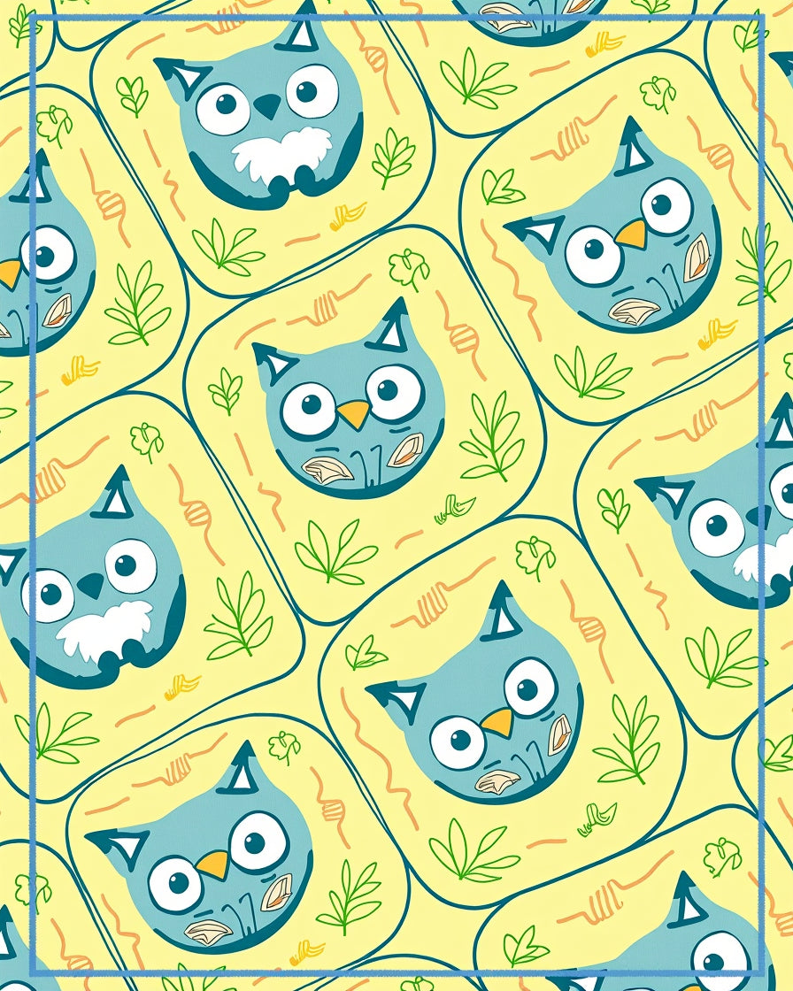 Whimsical Blue Owl Yellow Cartoon Rug