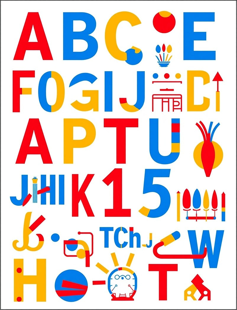 Red Blue Yellow Alphabet Collage Rug