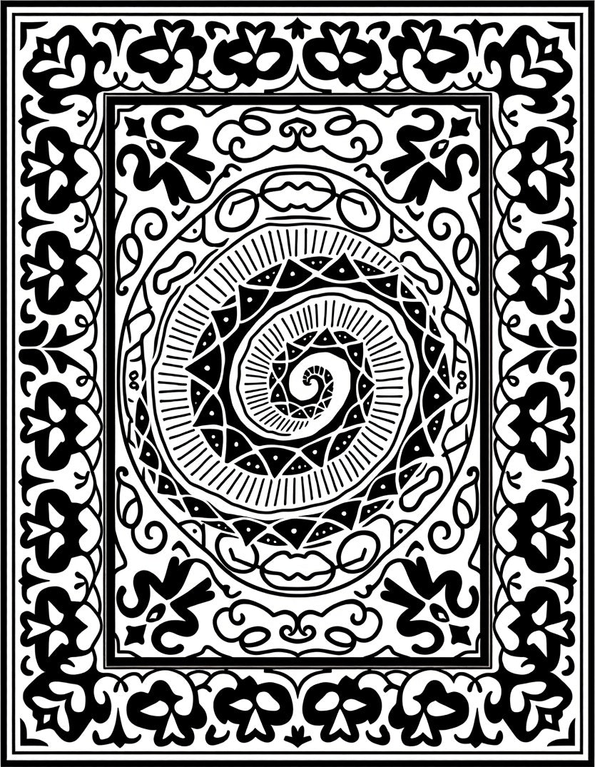 Black White Floral Swirl Mandala Rug