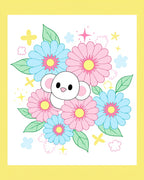 Cute White Mouse Pink Blue Flowers Rug