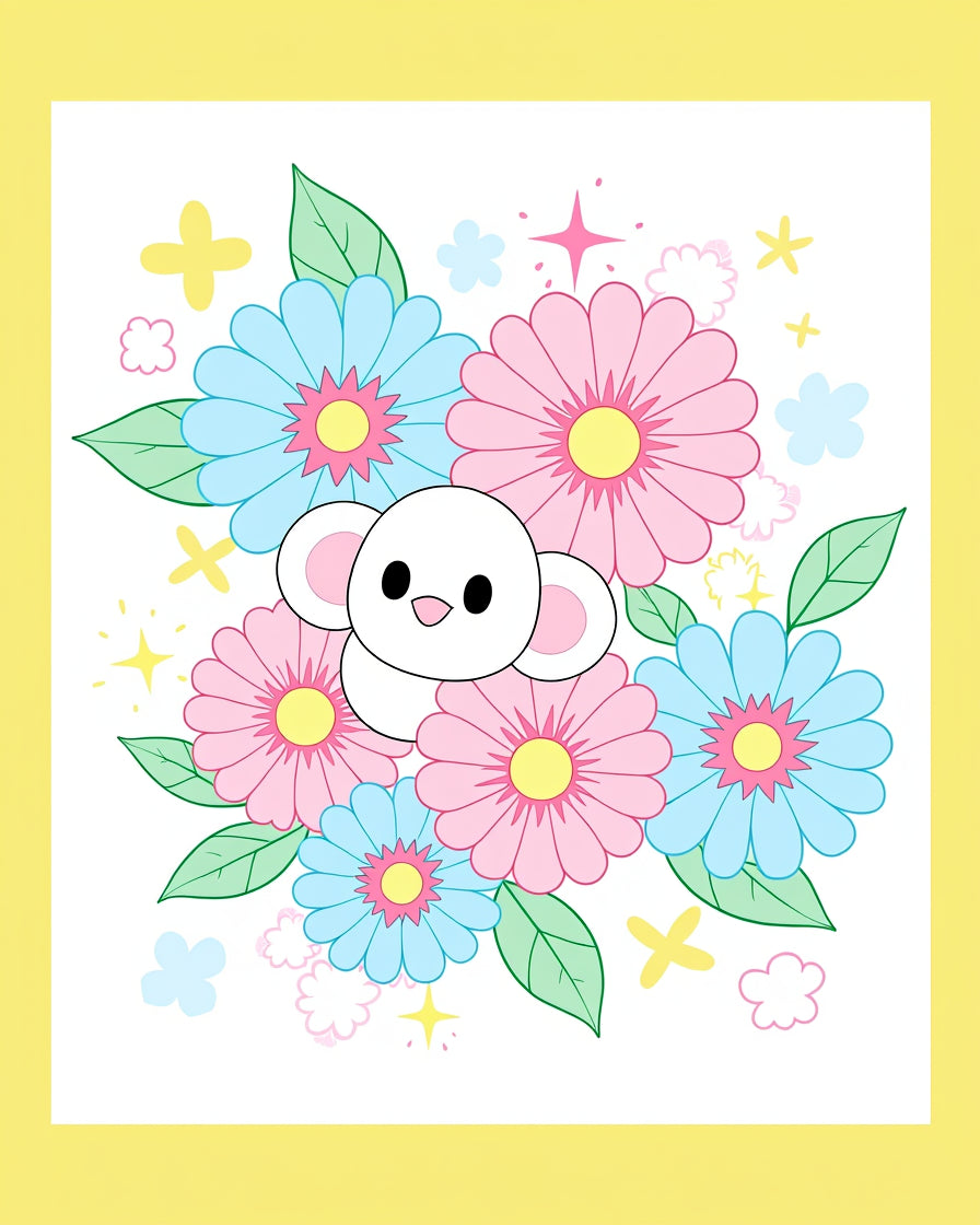Cute White Mouse Pink Blue Flowers Rug