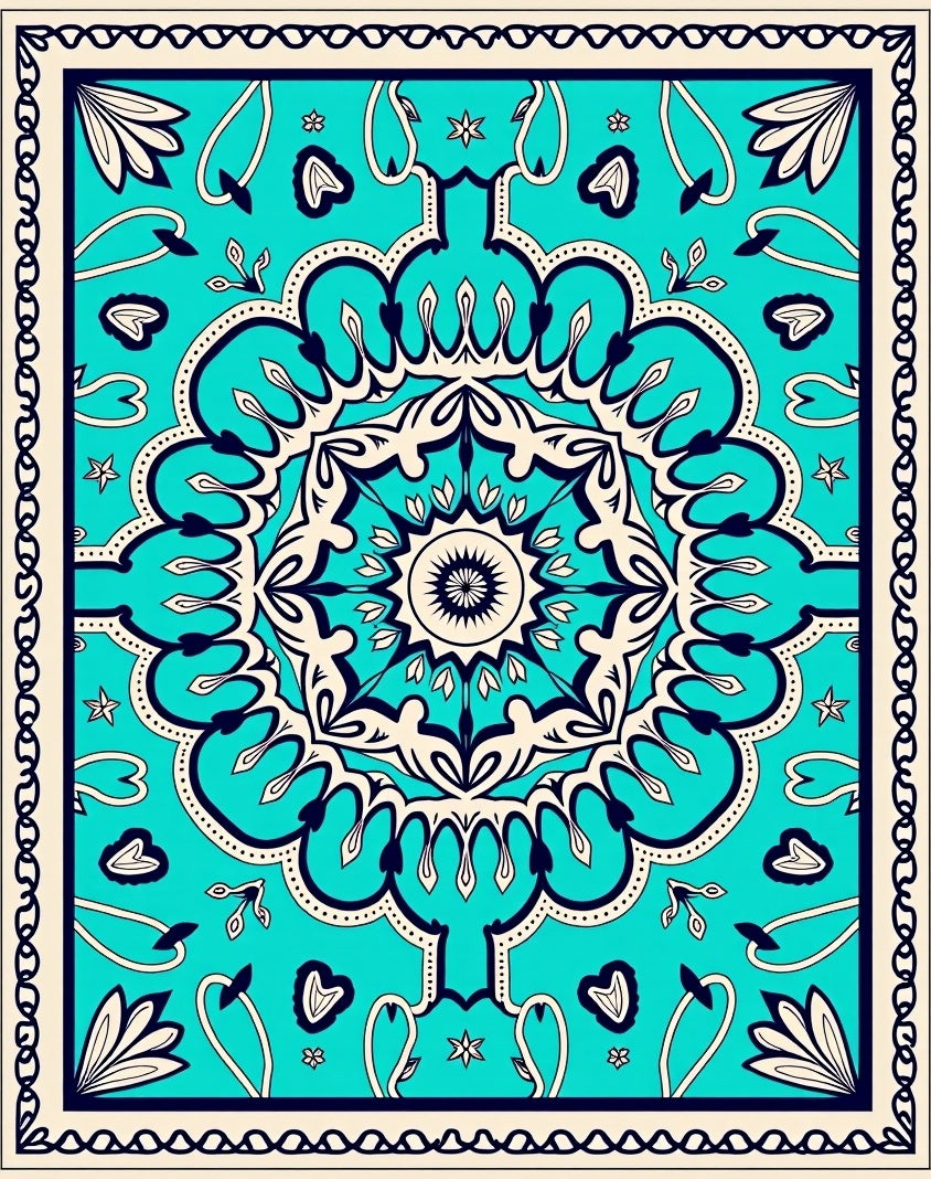 Turquoise Cream Navy Mandala Rug