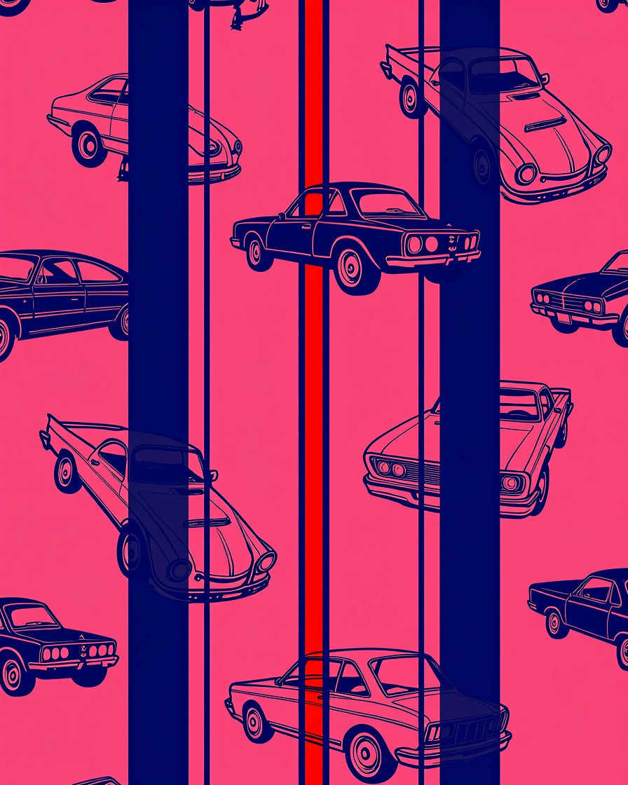 Retro Cars Pink Navy Stripe Rug