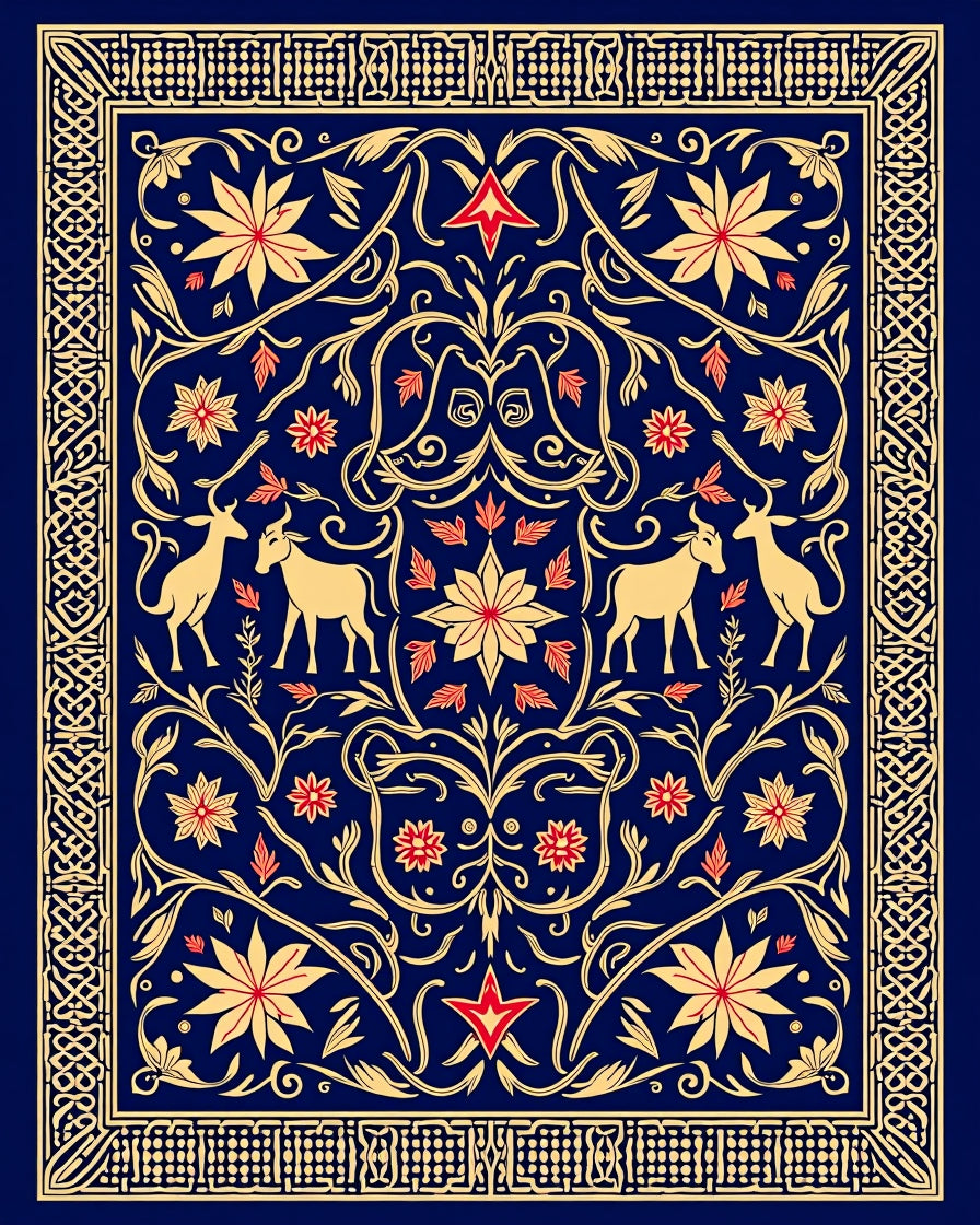 Deep Blue Golden Floral Animal Scroll Rug