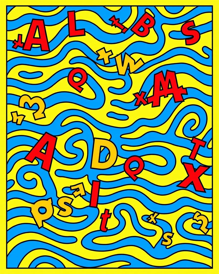 Vibrant Yellow Blue Alphabet Waves Rug