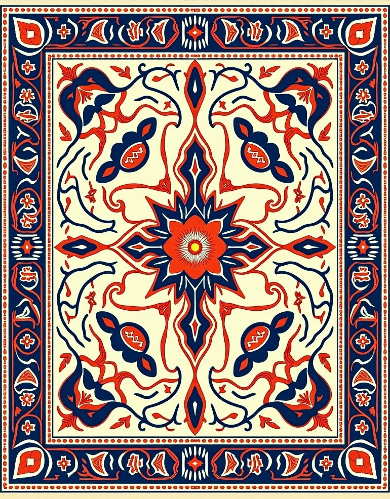 Red Navy Floral Medallion Botanical Layout Rug