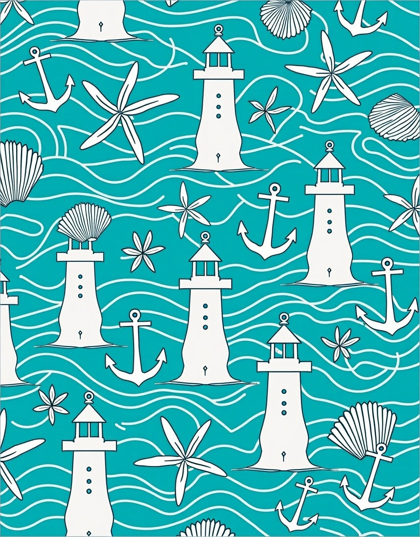 Coastal White Lighthouse Anchor Seashell Waves Rug