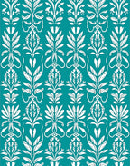 Teal White Floral Art Nouveau Scroll Rug