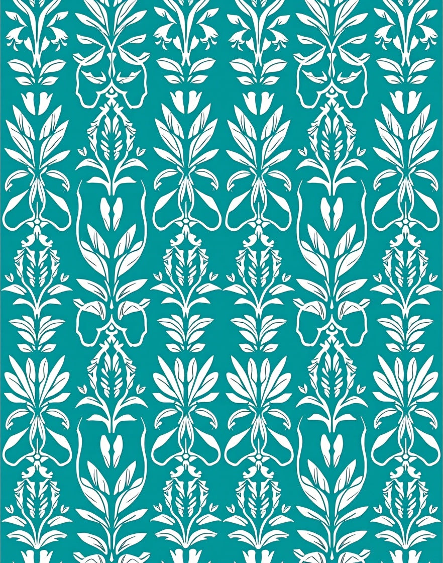 Teal White Floral Art Nouveau Scroll Rug