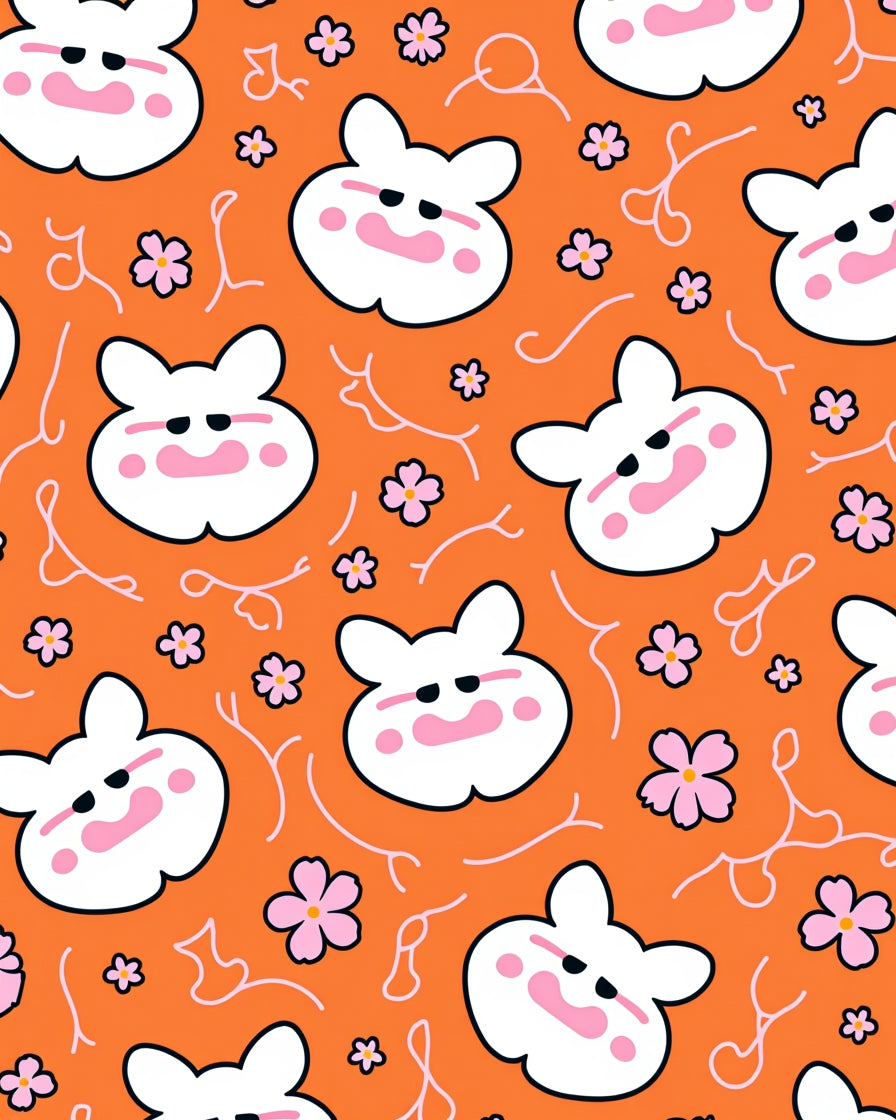 Cute White Rabbit Orange Floral Rug