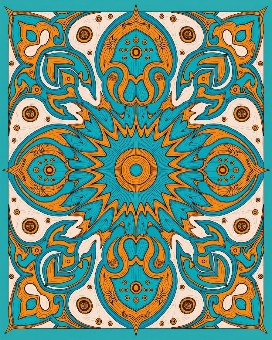 Exotic Teal Orange Medallion Art Rug