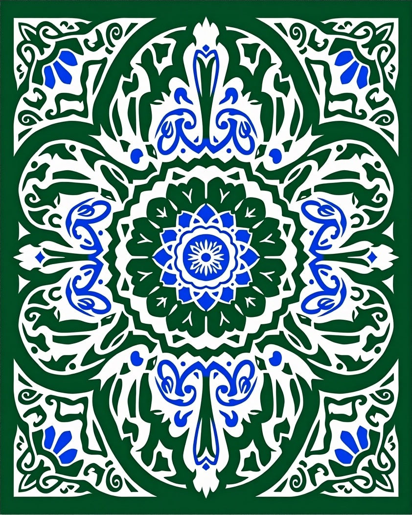 Emerald Green Blue Floral Medallion Rug