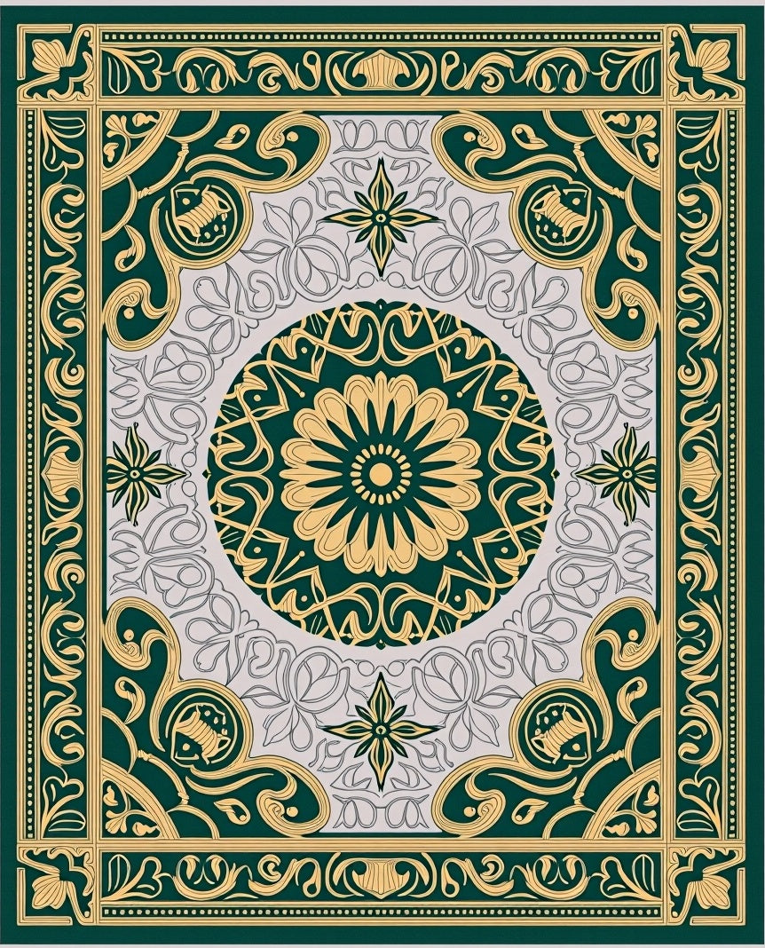 Emerald Gold Ornate Floral Medallion Rug