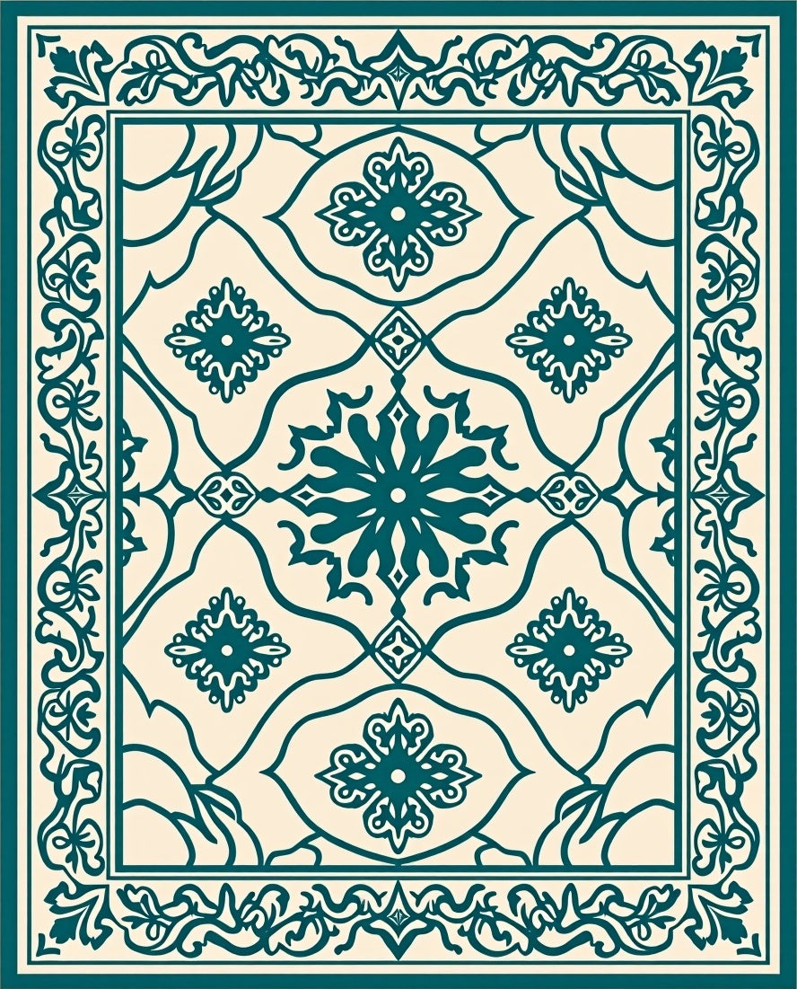 Deep Teal Floral Medallion Cream Rug