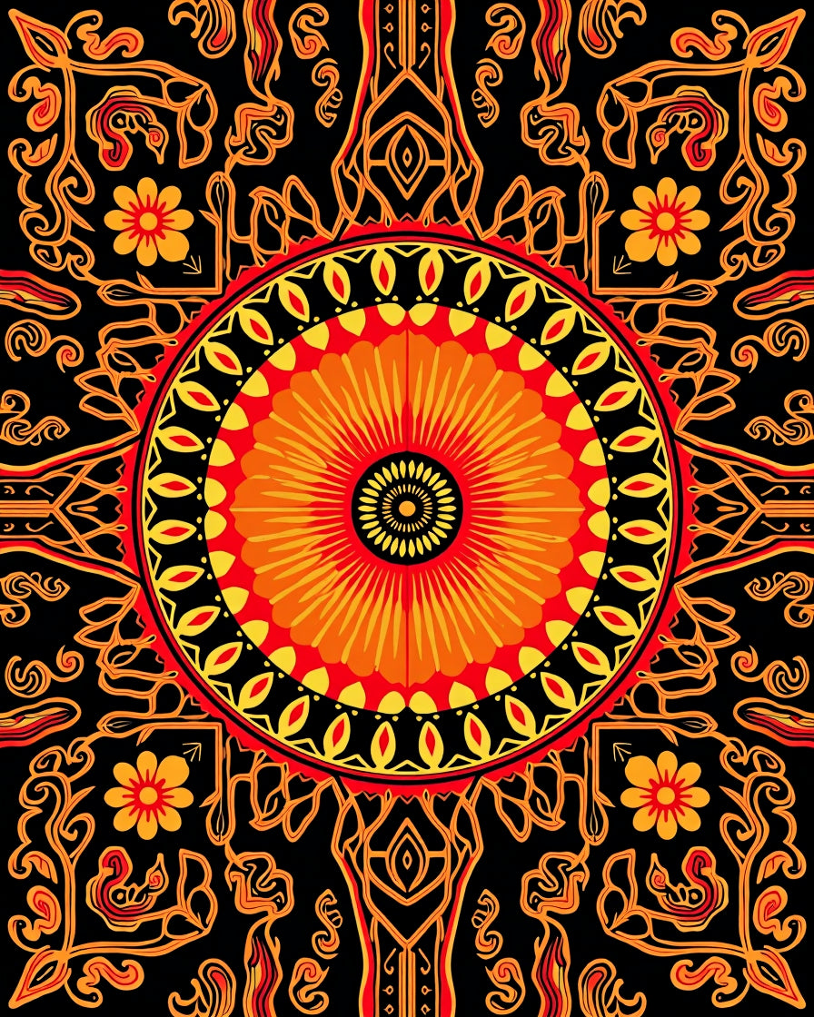 Vibrant Red Orange Sunburst Mandala Rug
