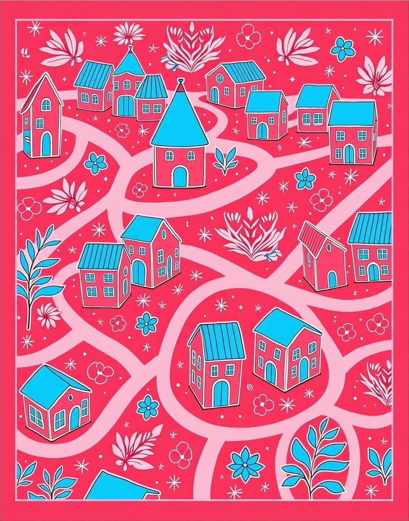 Whimsical Pink Village Houses Rug