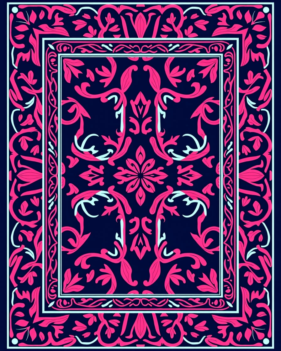 Fuchsia Baroque Floral Bordered Rug