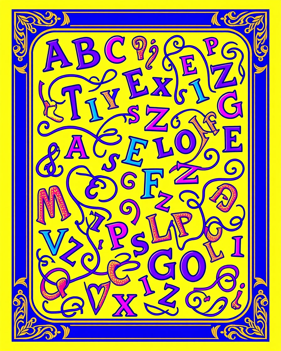 Alphabet Swirls Vibrant Yellow Border Rug