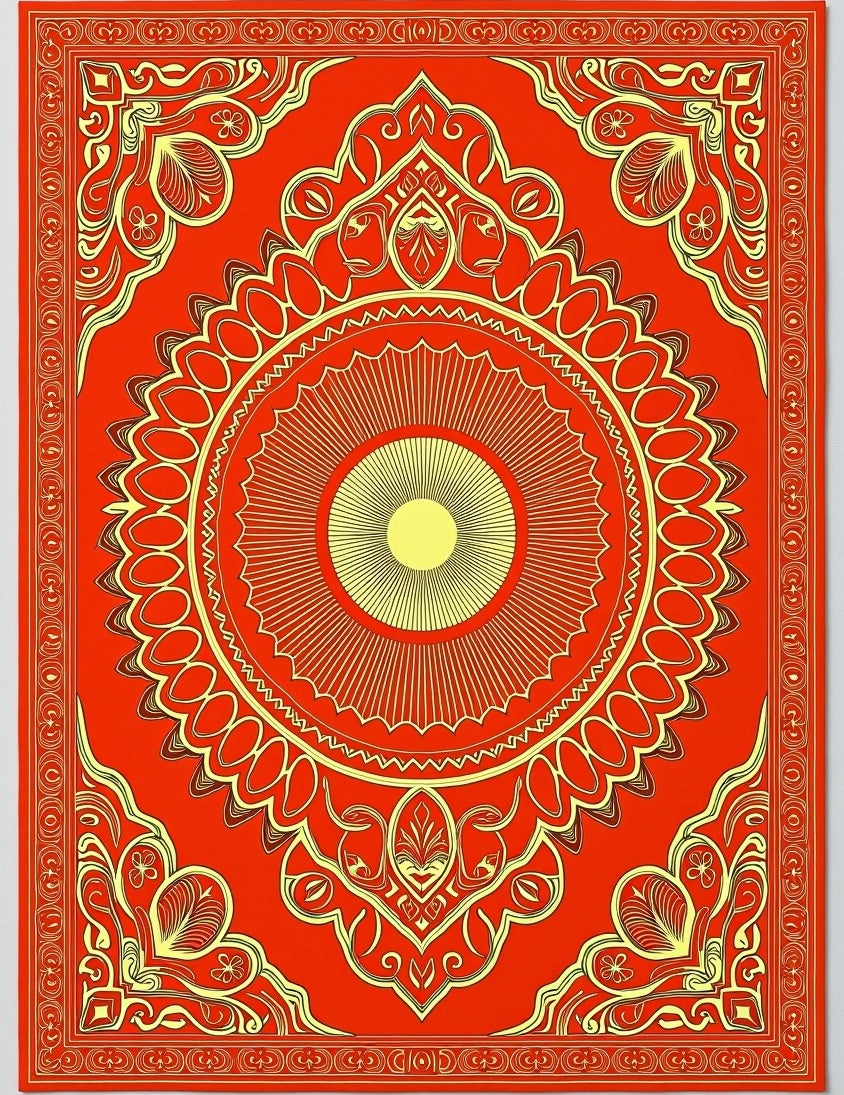 Vibrant Red Yellow Sunburst Medallion Rug