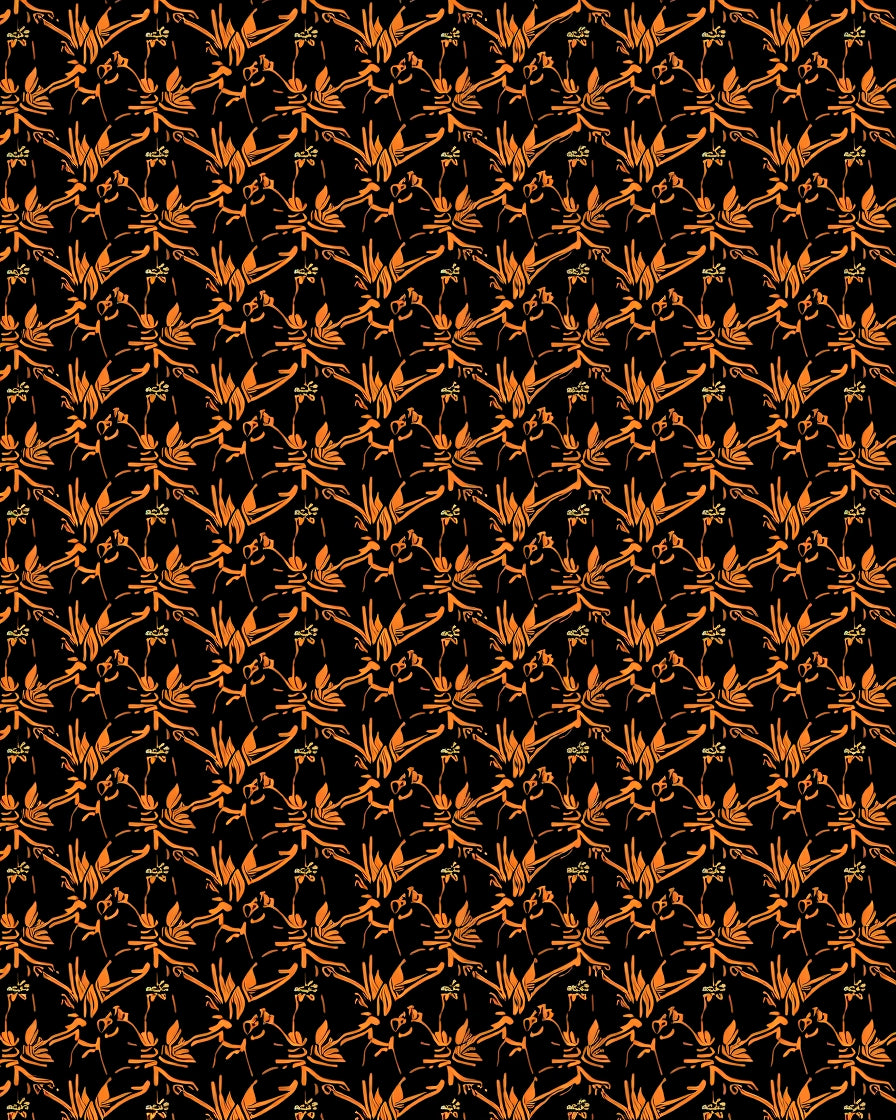 Orange Floral Scrollwork Black Backdrop Rug
