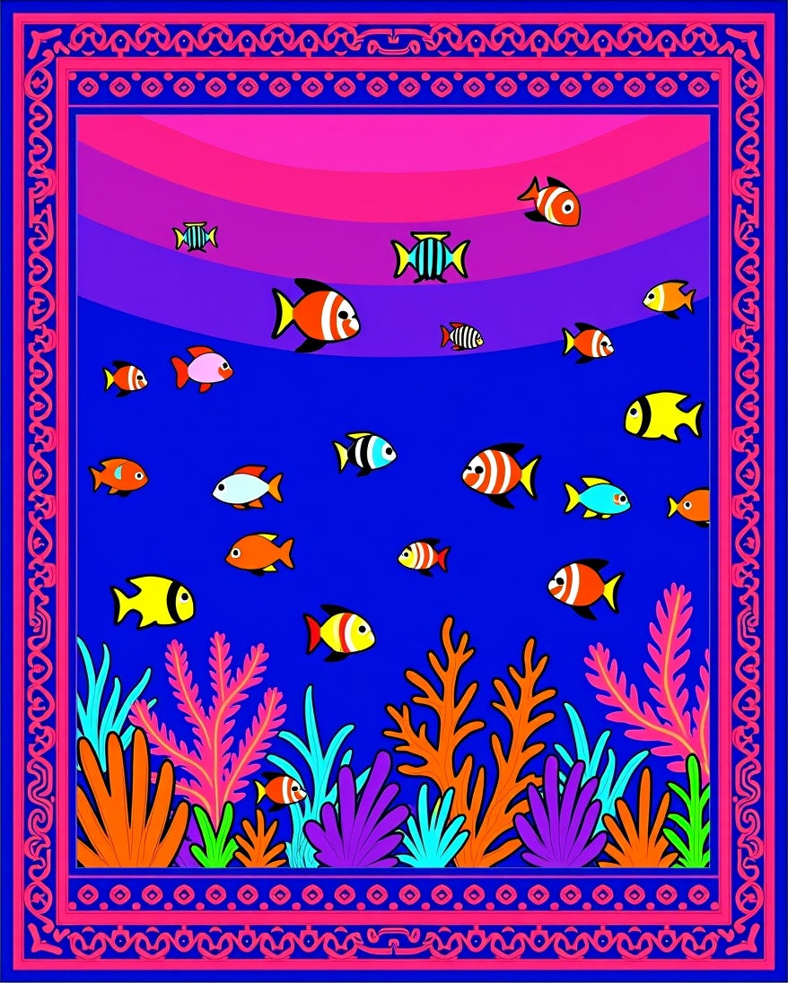 Vibrant Fish Coral Reef Border Rug