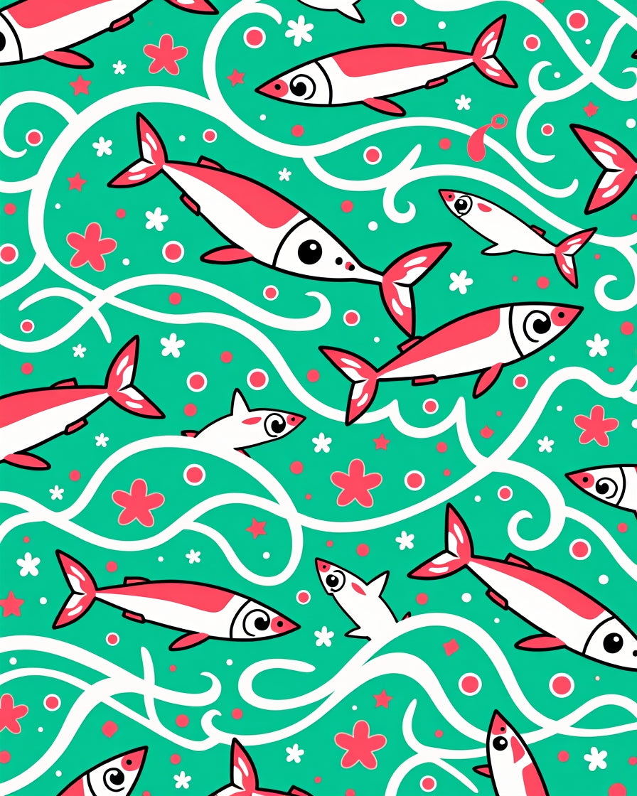 Playful Fish and Floral Teal Swirls Rug