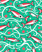 Playful Fish and Floral Teal Swirls Rug