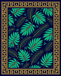 Tropical Navy Green Leaf Border Rug