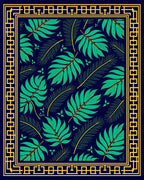Tropical Navy Green Leaf Border Rug