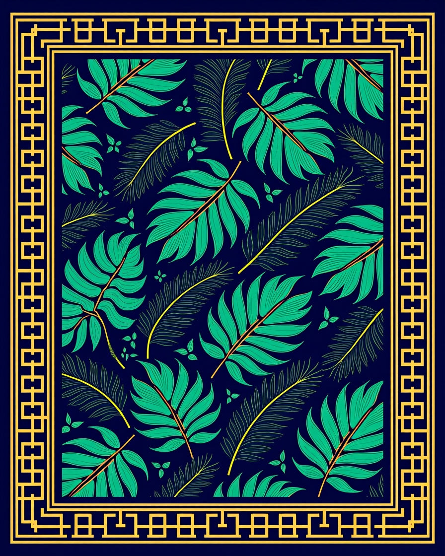 Tropical Navy Green Leaf Border Rug