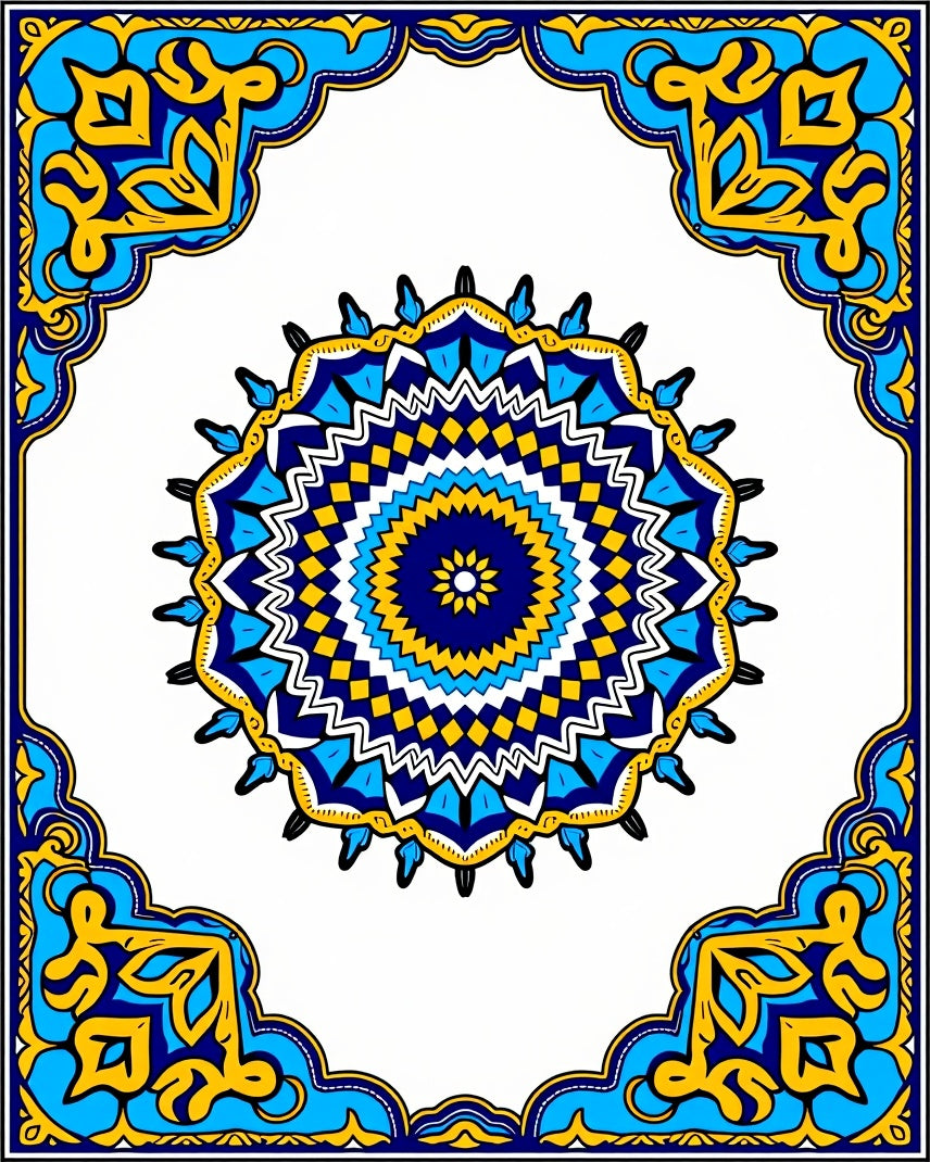 Vibrant Blue Yellow Mandala Framing Rug