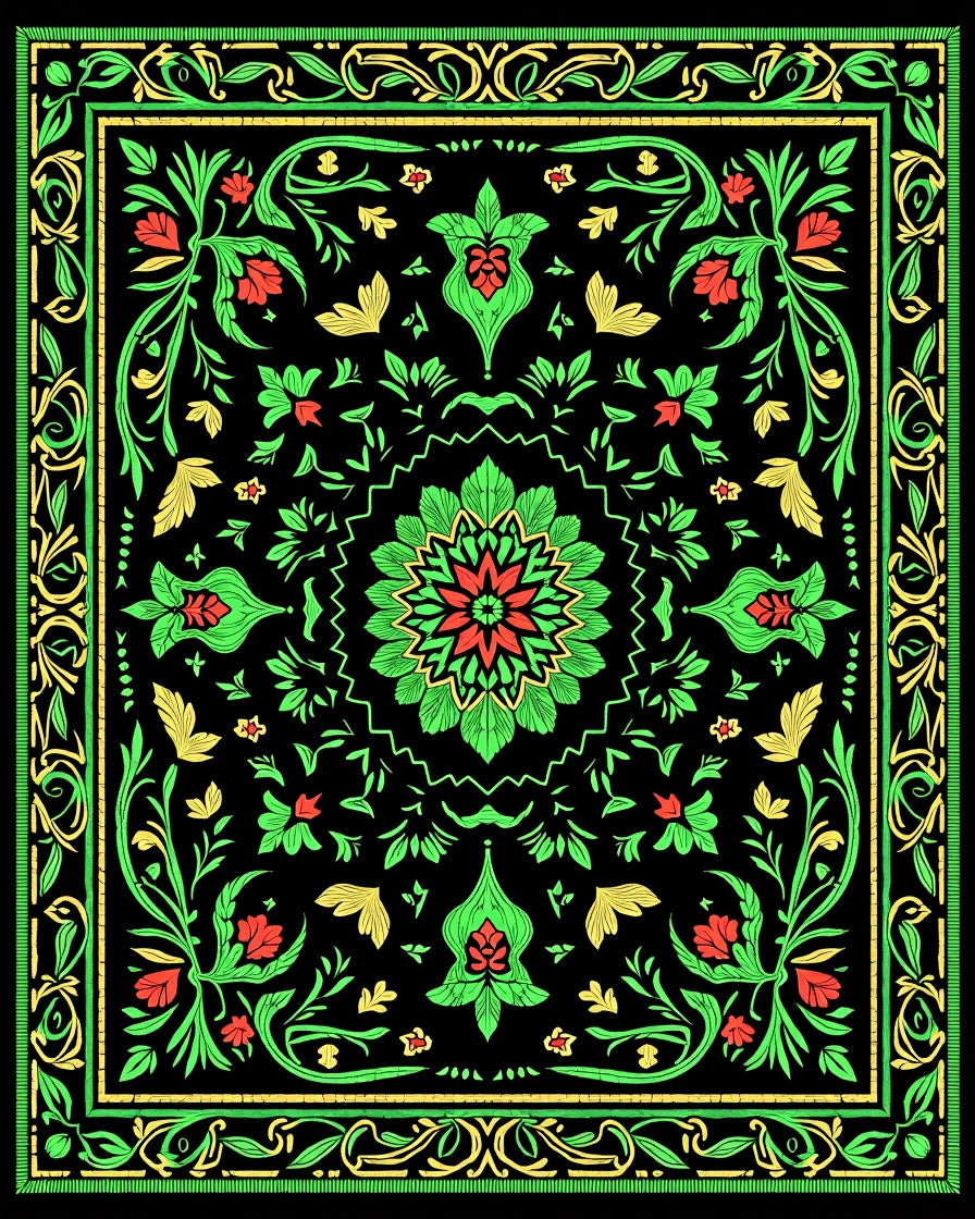 Vibrant Red Green Floral Medallion Rug