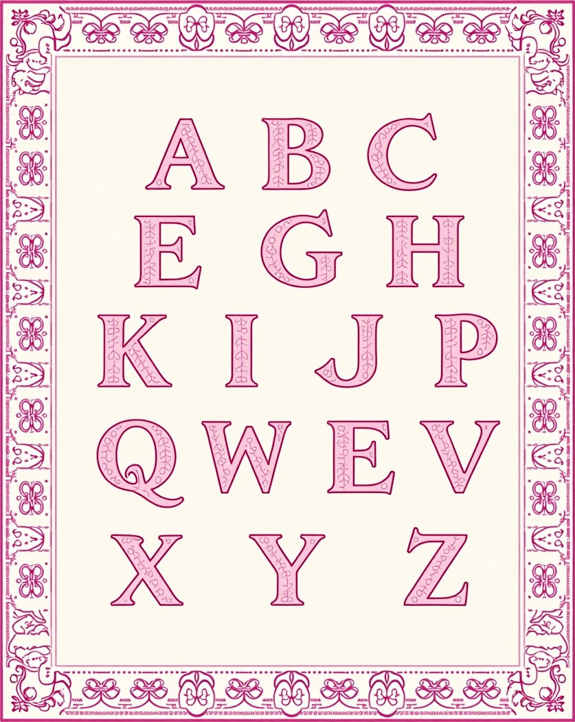 Pink Floral Alphabet Border Artwork Rug