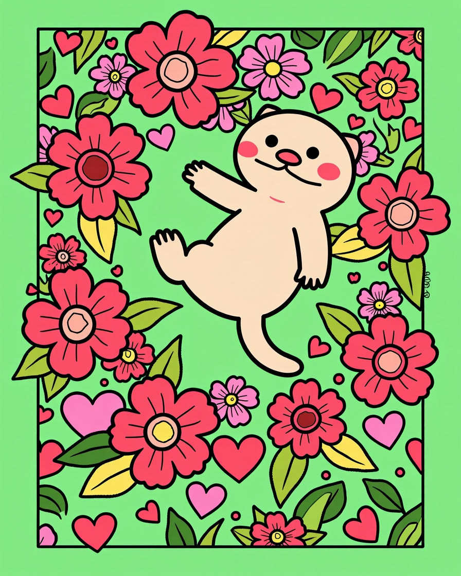 Whimsical Cute Cat Floral Hearts Delight Rug